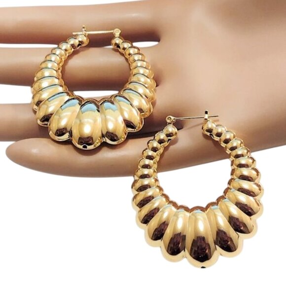 1 7/8 Inch 45mm Shrimp Hoop Gold Tone Pierced Post Earrings